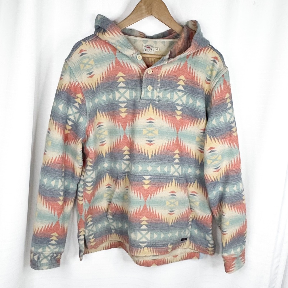 Faherty Mens M Organic Cotton Baja Hoodie Southwestern Print Pullover EUC